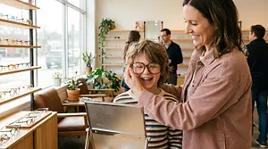 Mother helping her child adjust glasses in a store