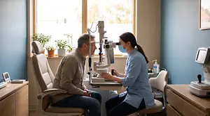 An adult man wearing a face mask is having his eyes checked by a woman wearing a face mask at an eye clinic.