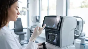 A woman in a white lab coat uses a modern eye scanning machine while standing in a lab