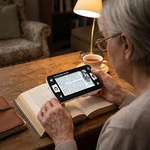 An elderly woman is reading a book with a magnifying glass in a room with a lamp and a cup of tea.