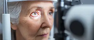 Elderly woman with gray hair is looking at an eye exam device