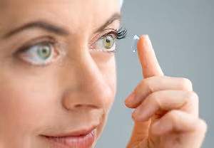 woman adjusting a contact lens on her eye