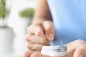 Close-up of hands holding a lens case and a lens.