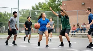 A group of young people playing basketball on an outdoor court with others watching from the bleachers