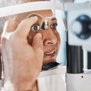 An elderly woman having her eye examined by a doctor