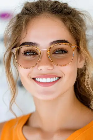 A woman with blonde hair wearing a pair of tortoiseshell glasses and an orange top
