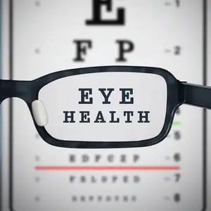 An eyeglass lens displays the words 'Eye Health' over an eye chart