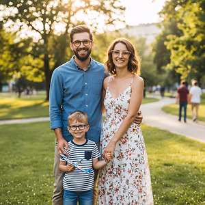 A family of three in a park, with a boy holding a toy airplane and the parents standing behind him, smiling and posing for a photo.