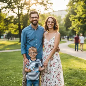 A family of three in a park, with a boy holding a toy airplane and the parents standing behind him, smiling and posing for a photo.