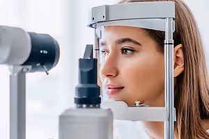 A woman is having her eye examined