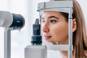 A woman is having her eye examined