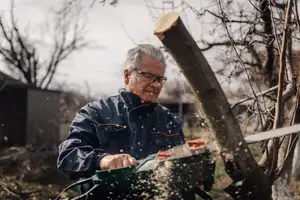 An elderly man wearing a blue jacket and glasses cuts a branch of a tree using a chainsaw