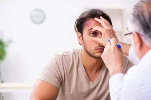 A man with a bruise on his eyebrow getting his eyes examined by a doctor
