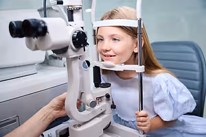 A girl with blonde hair and a white dress is looking through an eye examination machine at an optometrist's office.