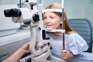 A girl with blonde hair and a white dress is looking through an eye examination machine at an optometrist's office.