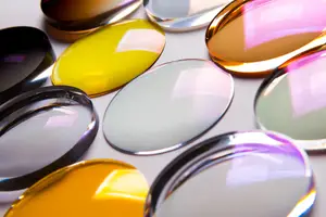 Many multi-colored glass objects are arranged on a white surface.
