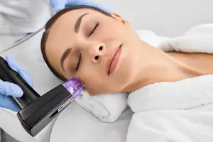 A woman is lying on a bed with her eyes closed while a person in a blue glove holds a purple-colored machine in front of her face.
