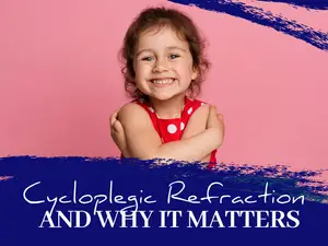 A smiling young girl with curly hair wearing a red polka-dot dress and standing with her arms crossed in front of a pink and blue background, illustrating the importance of cycloplegic refraction.