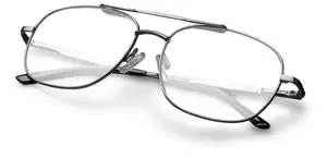 Close-up of a pair of black-framed glasses with clear lenses on a white background