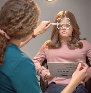 A woman in a pink long-sleeve shirt and jeans is having her eyes checked by an optician in a clinic. The woman is sitting in a chair while the optician is holding a paper and a pen. The optician is wearing a green shirt and a watch. The room is dimly lit, and a lamp is on the ceiling. The woman is holding a pair of scissors and looking at the optician.