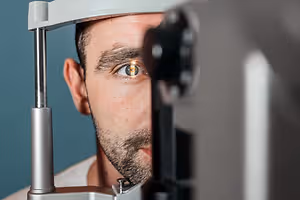 A man undergoing an eye examination using an ophthalmoscope