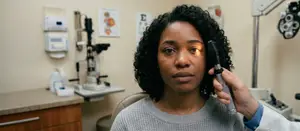 An African American woman is having her eyes checked in an eye doctor's office.