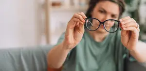 A woman is sitting on a couch holding a pair of glasses in her hands.