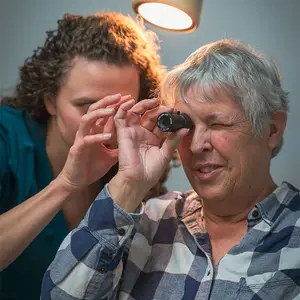 A woman is having her eyes examined by another woman in a medical setting