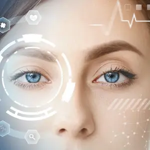 Closeup of a woman's face with blue eyes and a heart icon in the corner