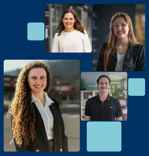 Four individuals are smiling for a photo collage with a blue background and blue squares. The first person has long curly hair and is wearing a white shirt and a black blazer. The second person is a woman with long hair and is wearing a white top and a black jacket. The third person is a man with short hair and is wearing a black polo shirt. The fourth person is a woman with short hair and is wearing glasses and a white top. They are all smiling and appear to be posing for a photo.