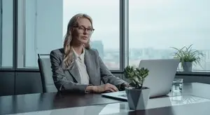 Woman in business attire sitting at an office desk with a laptop and a potted plant.