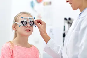 A young girl is having her eye checked by a doctor wearing a white coat and a girl in pink shirt is looking at her through the slit lamp.
