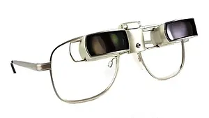 Close-up of a pair of silver-framed adjustable reading glasses with lenses attached
