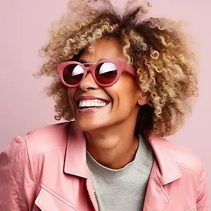 Woman with curly hair and pink sunglasses smiling