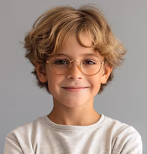 young boy with glasses smiling for camera
