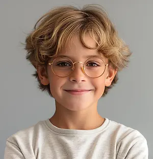 young boy with glasses smiling for camera
