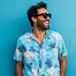 A smiling man with a beard wearing a blue tropical shirt and sunglasses standing in front of a blue background