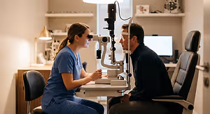 A man in a blue shirt is having his eyes examined by a woman in a blue lab coat in an optometrist's office.