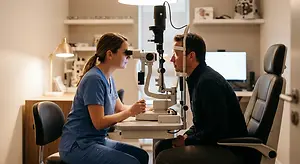 A man in a blue shirt is having his eyes examined by a woman in a blue lab coat in an optometrist's office.