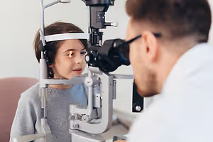 An ophthalmologist examining a young girl's eyes using a slit lamp.