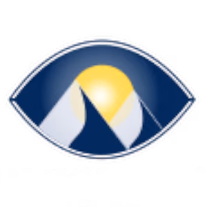 Blue and white oval logo with a mountain peak and sun in the center