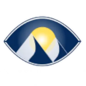 Blue and white oval logo with a mountain peak and sun in the center