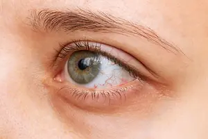 A close-up of a woman's eye with a red vein and slightly swollen skin