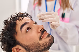A male patient with a beard and mustache is getting his nose swabbed for a test in a medical setting.