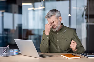 An older man is sitting at a desk, holding his head with his left hand, and seems to be looking at his laptop with a blurry view of the glass wall behind him.
