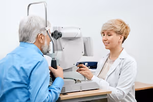 An old man is checking his eyes using a machine while a female doctor is smiling and holding a pen near him.
