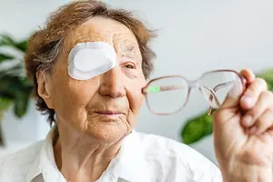 Elderly woman with a white bandage on her left eye holding glasses