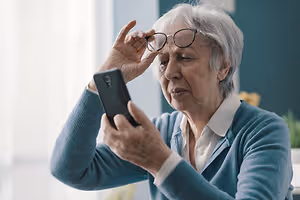 An elderly woman is trying to read something on her phone, but her glasses are fogged up.
