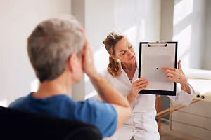 A man is seated and appears to be undergoing an eye examination conducted by a woman wearing a white robe.