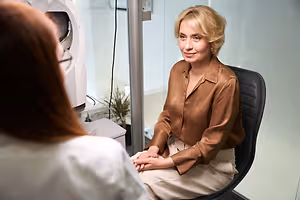 Woman in a clinic office speaking to a woman in a white lab coat